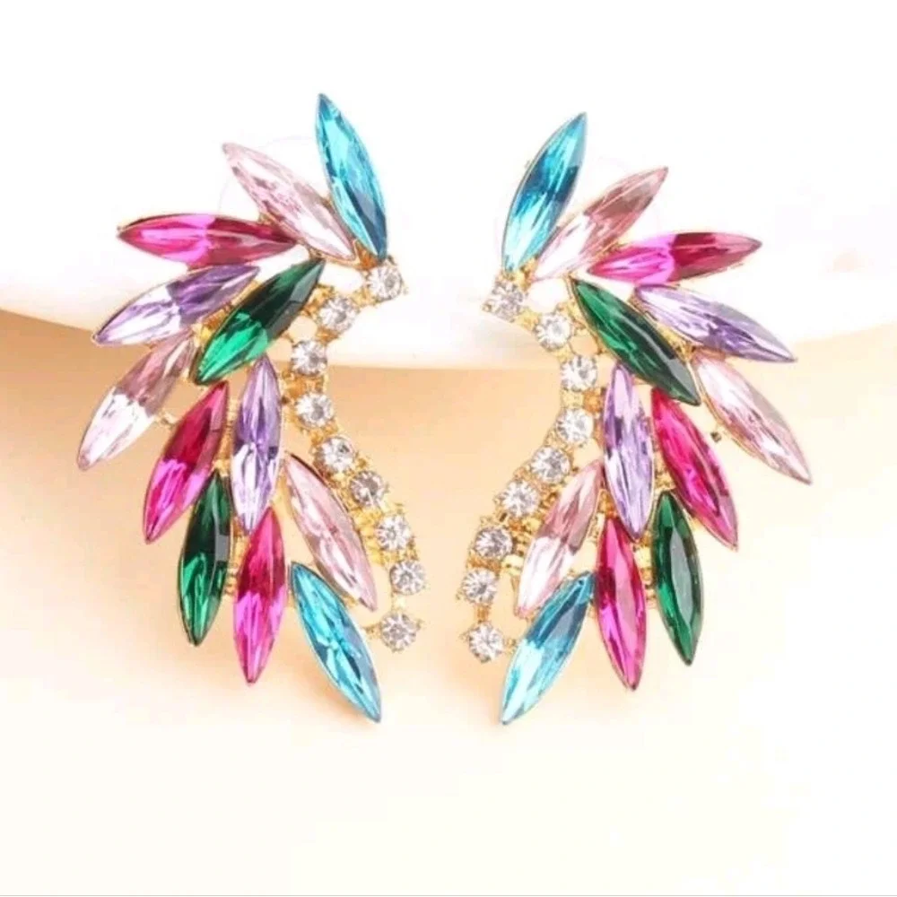 Gold Tone Multicolor Marquise Rhinestone Statement Earrings wedding party 💖